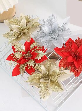 10pcs Christmas Ornament Flower 14cm Glitter Artificial Chri