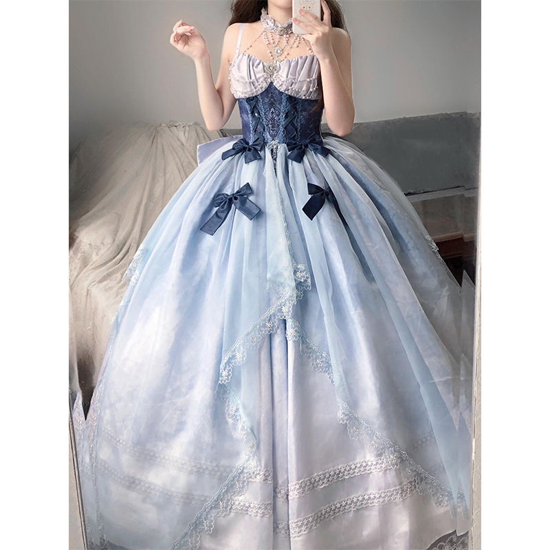 辛德瑞拉Lolita裙子晚礼服蓝色学生日成人礼连衣裙女夏花嫁订婚宴 - 图0