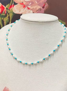 绿松石天然淡水珍珠项链女百搭高级感轻奢新中式多巴胺串珠锁骨链