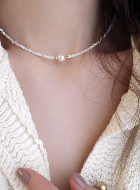 时尚流苏贝壳颈链choker高级感14k注金贝母天然淡水珍珠项链复古