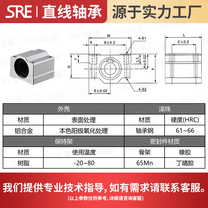 SRE箱式滑块铝座直线滚珠轴承座进口品质SCS10 12 16 20UU/LUU - 图2