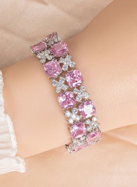 跨境新款夸张双排方形锆石手链手镯婚礼首饰品时尚彩宝多排手饰女