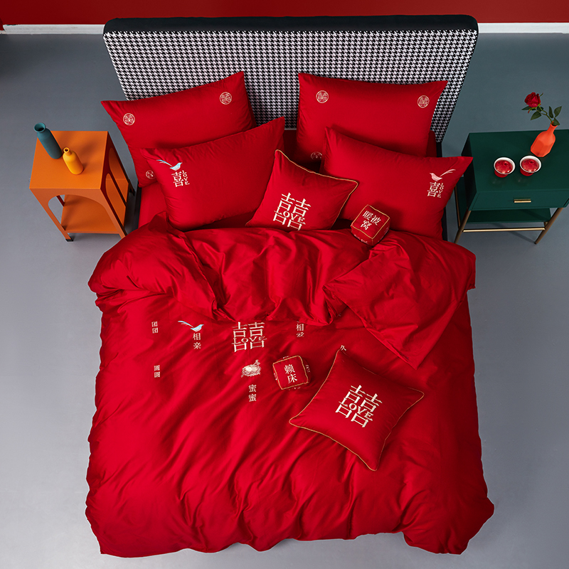 梦洁家纺60支贡缎刺绣纯棉婚庆四件套大红色新婚全棉结婚床上用品 - 图2
