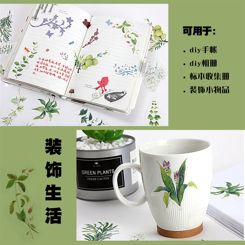 清新植物贴纸包34枚入绿叶树叶素材手帐日记创意diy装饰贴画套装_虎窝淘