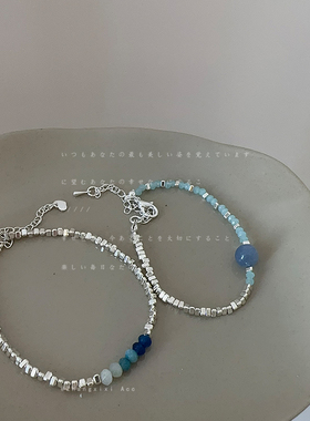 碎银子蓝色天然石手链女时尚个性独特优雅气质清新百搭手环手饰