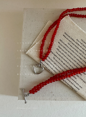 双层红色串珠OT扣项链女轻奢小众时尚精致潮流通勤百搭颈链毛衣链