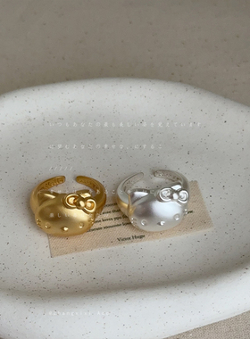 可爱卡通猫咪蝴蝶结哑光金属戒指女高级感个性甜美时尚指环戒子