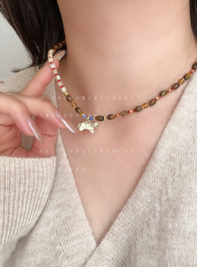 美拉德复古虎眼石串珠项链女轻奢高级时尚潮流气质百搭颈链毛衣链