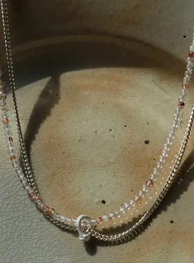 小众简约设计S925纯银红铁水晶双链项链做旧废十风磨砂肌理锁骨链