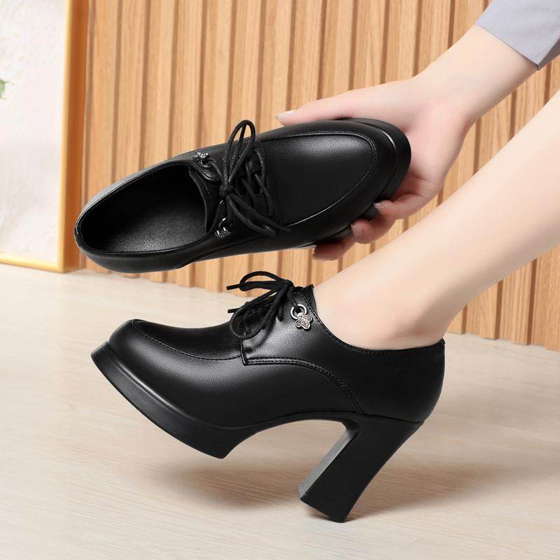 真皮粗跟防水台中年女士走秀高跟鞋深口单鞋女春秋系带皮鞋妈妈鞋,淘宝优惠券,粉丝福利购,淘宝优惠卷
