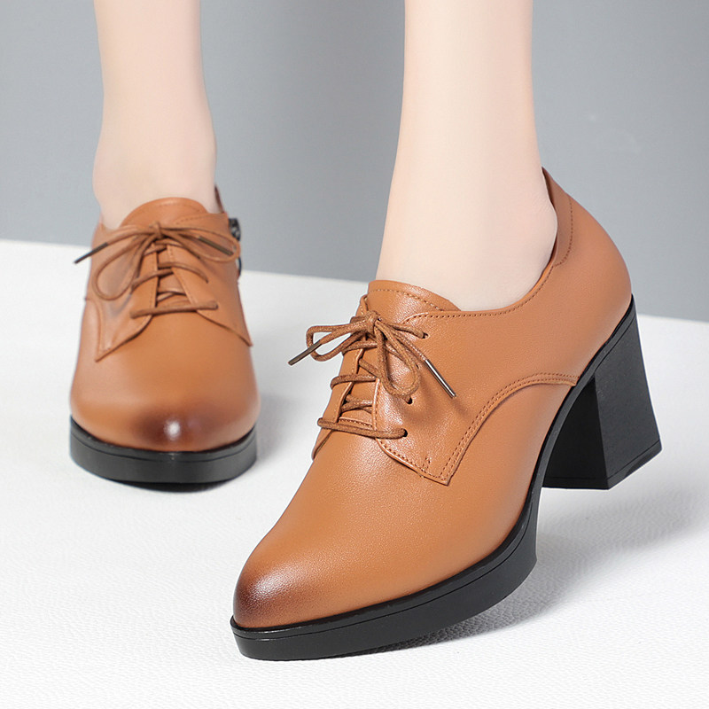 2025春秋新款深口单鞋中年妈妈鞋粗跟中跟休闲系带圆头工作皮鞋女,淘宝优惠券,粉丝福利购,淘宝优惠卷