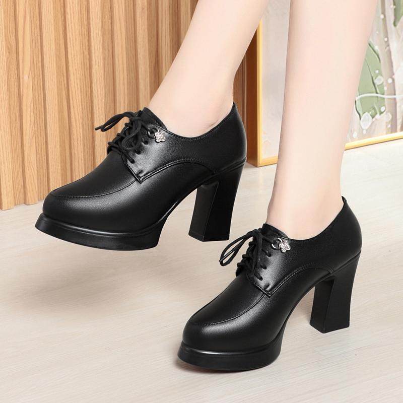 真皮粗跟防水台中年女士走秀高跟鞋深口单鞋女春秋系带皮鞋妈妈鞋,淘宝优惠券,粉丝福利购,淘宝优惠卷