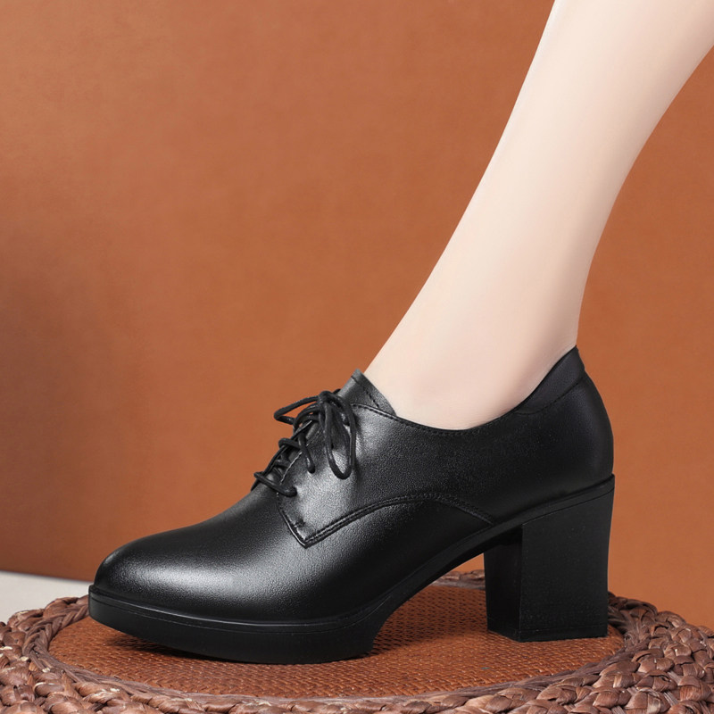 2025春秋新款深口单鞋中年妈妈鞋粗跟中跟休闲系带圆头工作皮鞋女,淘宝优惠券,粉丝福利购,淘宝优惠卷