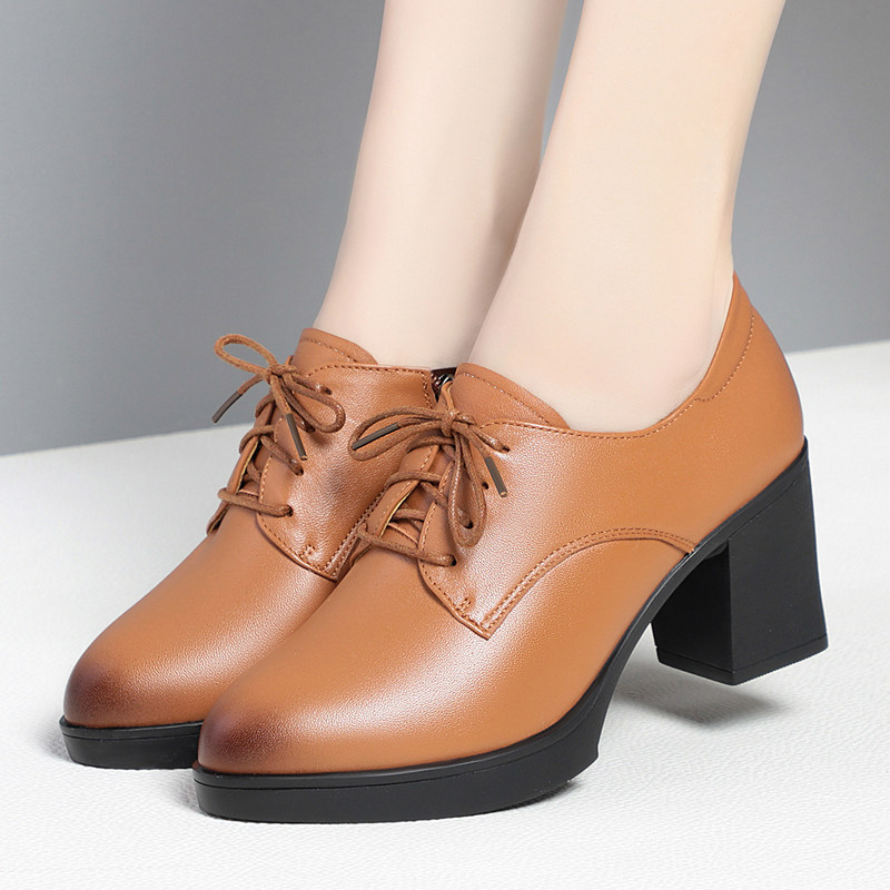 2025春秋新款深口单鞋中年妈妈鞋粗跟中跟休闲系带圆头工作皮鞋女,淘宝优惠券,粉丝福利购,淘宝优惠卷