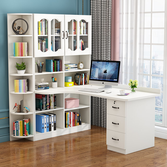 Solid wood corner desk bookshelf study desktop computer table