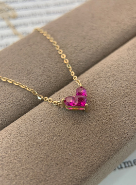 新款极简日系小红心项链925纯银mini红宝石桃心爱心吊坠