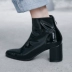 Booties nữ mùa xuân và mùa thu đơn bốt da thật nhỏ, dày với mùa thu và mùa đông đầu vuông lưới trắng đôi giày đế bệt màu đỏ - Giày ống giày da cao cổ nữ Giày ống
