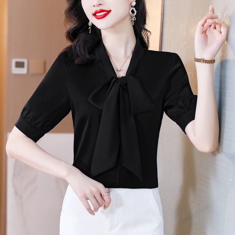 蝴蝶结飘带女士衬衫新款夏季2023年时尚雪纺洋气职业气质韩版衬衣