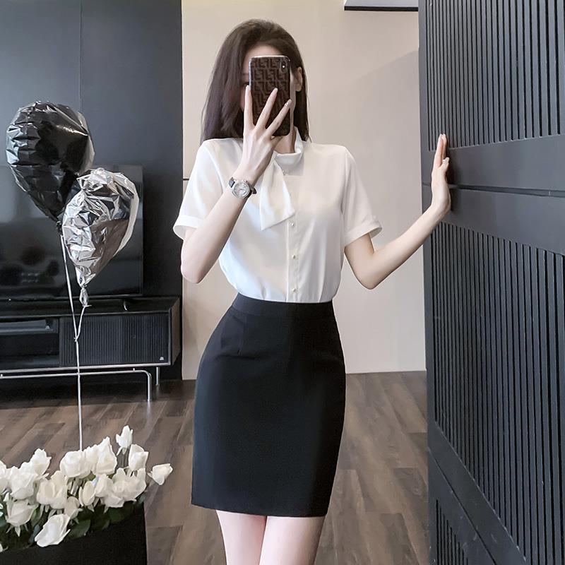 白色衬衫女短袖衬衣2025新款空姐职业套装包裙气质酒店前台工作装 - 图0
