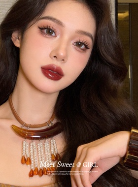 咖色亚克力珍珠水滴流苏项链女