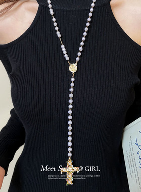 珍珠十字架小众简约百搭毛衣链女