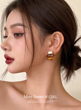 欧美轻奢长方形水钻耳钉小
