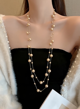 叠戴香槟色珍珠毛衣链