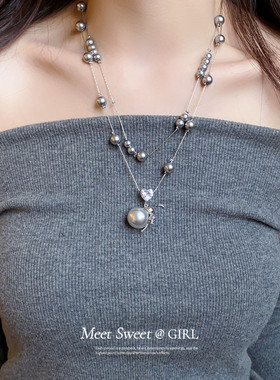 玻璃锆石珍珠串珠爱心双层项链