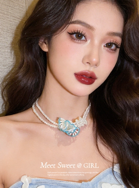 蓝色花朵珍珠串珠choker项链女