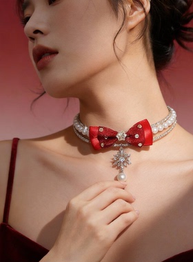 红色蝴蝶结项链choker颈链