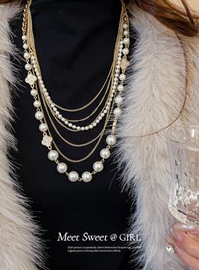 多层叠戴珍珠串珠项链