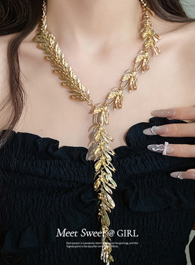 欧美金属叶片流苏项链毛衣链女