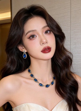 蓝色镶钻水钻项链2026新款