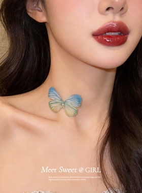 夏日雪纱蓝色蝴蝶颈链女