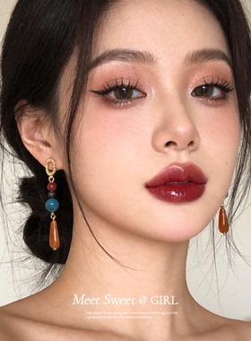 新中式撞色彩珠水滴耳坠耳环