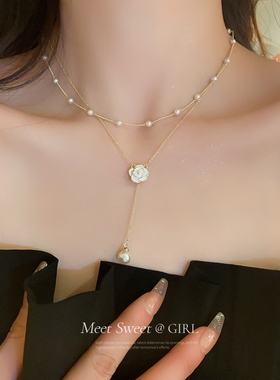 山茶花珍珠项链双层叠戴锁骨链