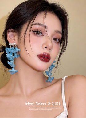 多巴胺雪纺花流苏耳钉夏日耳环女