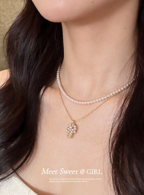 法式复古珍珠花篮项链小众颈链女