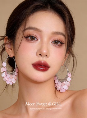 夏日粉色圆形贝壳流苏耳圈耳环女