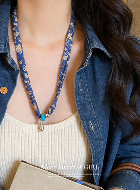 布艺印花水滴吊坠项链毛衣链女