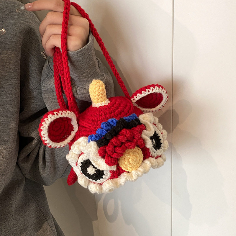 bag国潮醒狮包新款毛线钩织女包包过年喜庆单肩包迷你口红包挎包,淘宝优惠券,粉丝福利购,淘宝优惠卷