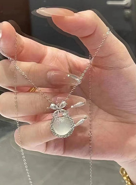 爆款S999纯银冰透天然白玉髓项链女轻奢小众锁骨链送闺a0884