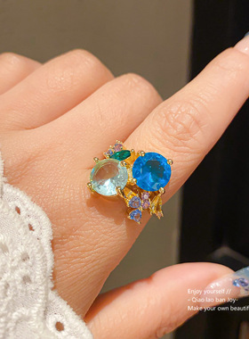 爆闪锆石几何形镂空开口戒指ins风百搭食指戒轻奢高级感个性手饰