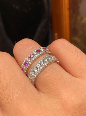 玫红色圈圈微镶锆石戒指女