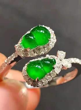 【优美】仿天然玉髓葫芦镀S925银冰种阳绿葫芦蛋面戒指女冰种批发