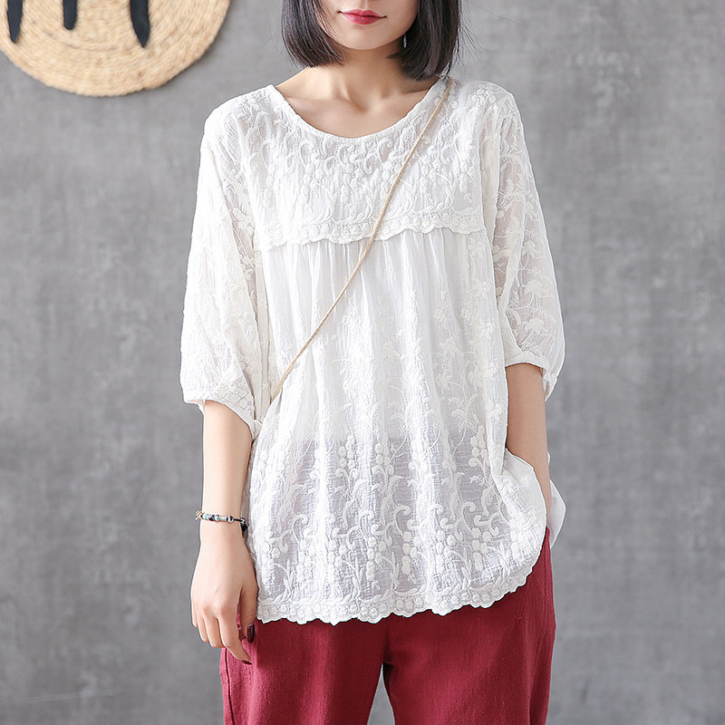 dza纯色提花七分袖娃娃衫装棉衬衫 dza衬衫