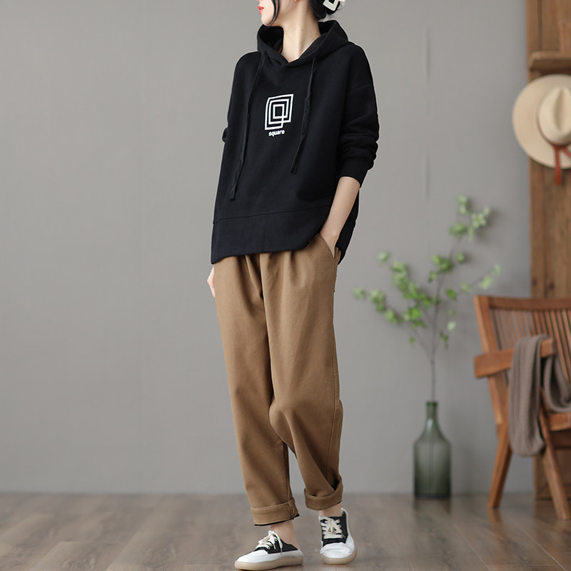 dza复古宽松短款连帽加绒女士卫衣 dza卫衣/绒衫