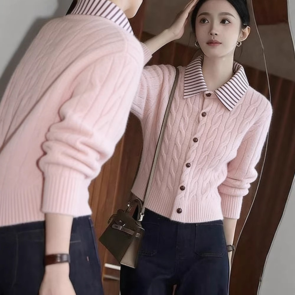 韩系小个子甜美粉色翻领长袖针织开衫女春秋2026新款假两件软糯,淘宝优惠券,粉丝福利购,淘宝优惠卷