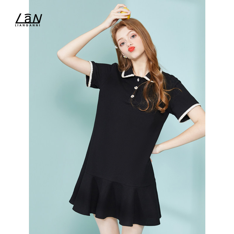 黑色娃娃领2020新款夏季显瘦连衣裙 靓安妮女装连衣裙