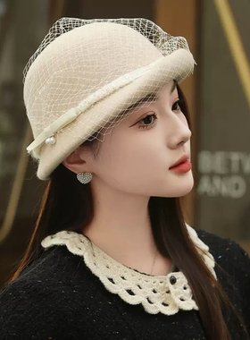 黑色网纱礼帽女秋冬新款法式复古帽短檐时尚毡帽英伦优雅羊毛帽子